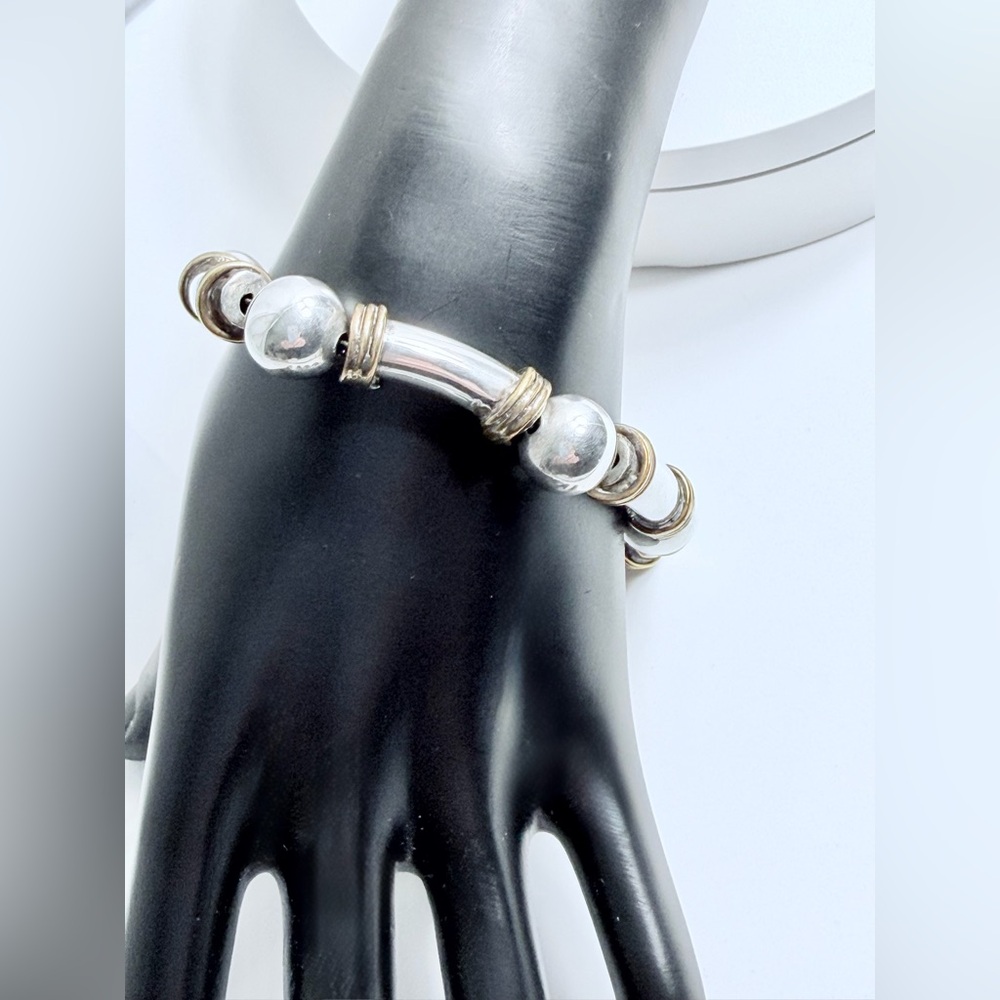 Vintage Unique Heavy Sterling Silver Ball & Tube w/Brass Wrapped Trim Bracelet - Picture 4 of 16